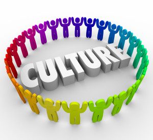 Culture 3d word surrounded by people sharing a common language, values, language and belief system as a company, organization, association, society or religion