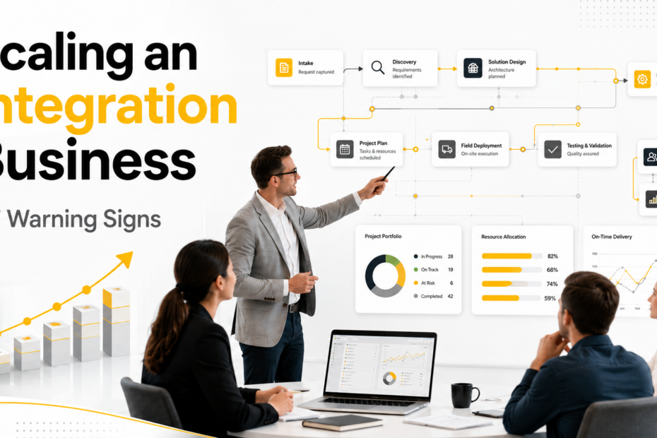Business team reviewing project workflows and performance dashboards while scaling an integration business.